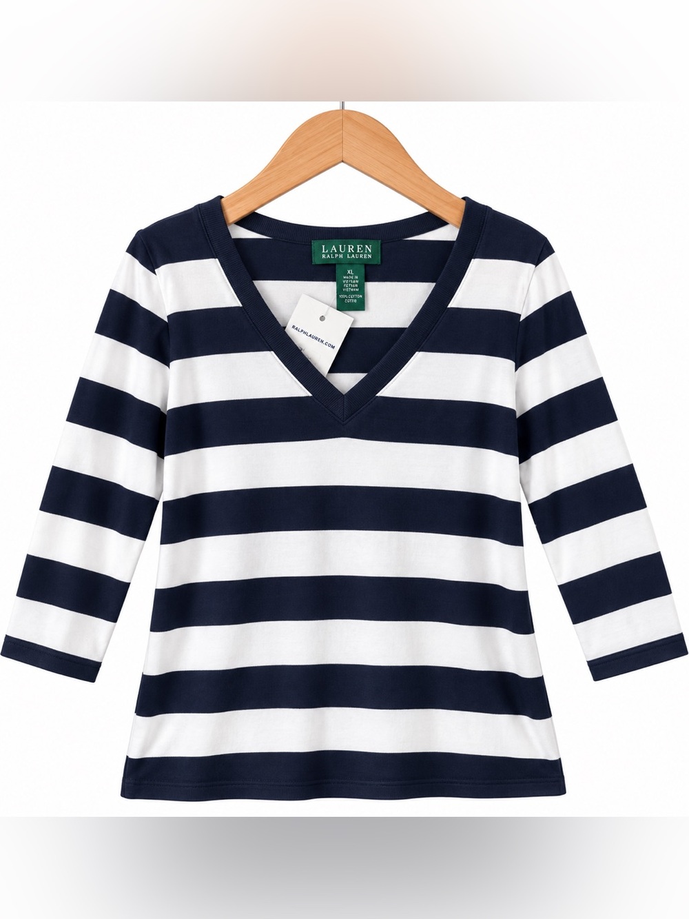 Ralph Lauren Navy and White Striped V-Neck Long Sleeve Top